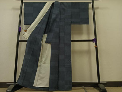 平和屋着物▽本塩沢 単衣 110亀甲 横段文 正絹 逸品 AAAZ7819jh