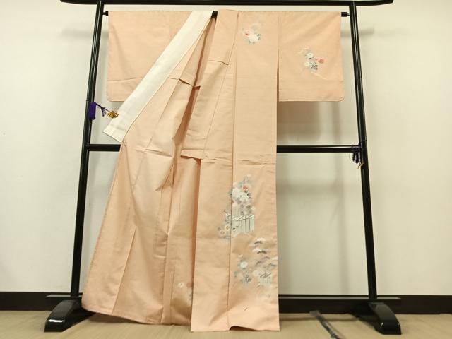 平和屋着物▽訪問着　単衣　紬地　風景花文　正絹　逸品　AAAZ7825jh