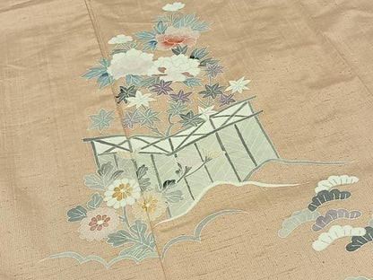平和屋着物▽訪問着　単衣　紬地　風景花文　正絹　逸品　AAAZ7825jh