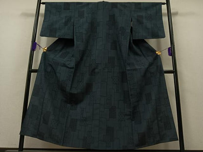 平和屋着物▽本塩沢 単衣 110亀甲 短冊吉祥花文 正絹 逸品 AAAZ7826jh