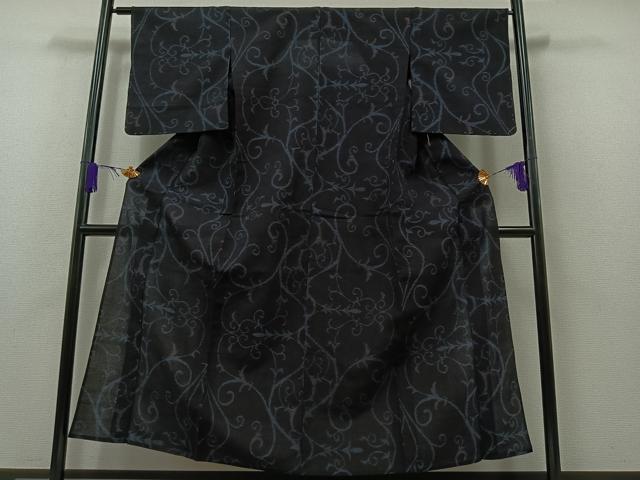 平和屋着物▽上質な紬　単衣　花唐草文　正絹　逸品　未使用　AAAZ7829jh