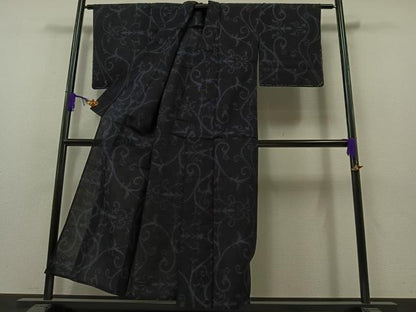 平和屋着物▽上質な紬　単衣　花唐草文　正絹　逸品　未使用　AAAZ7829jh