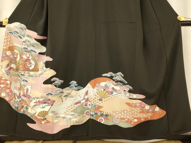 平和屋着物■豪華黒留袖　刺繍　飛鶴草花扇子文　金銀彩　正絹　逸品　AAAZ7878fw