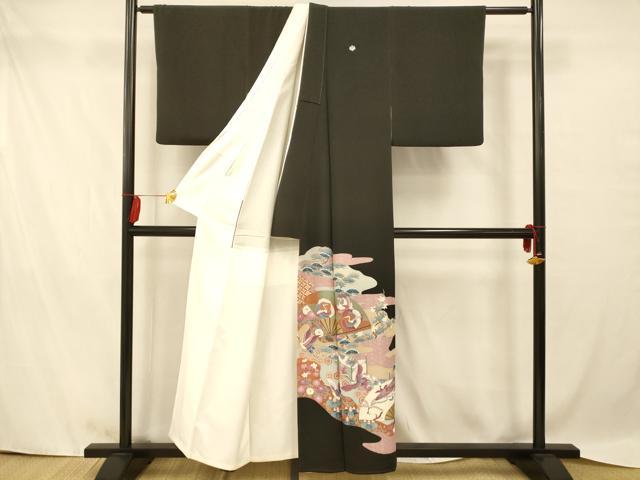 平和屋着物■豪華黒留袖　刺繍　飛鶴草花扇子文　金銀彩　正絹　逸品　AAAZ7878fw