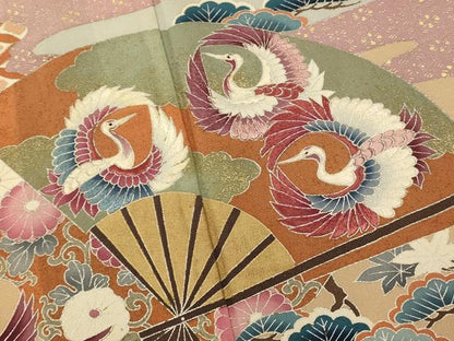 平和屋着物■豪華黒留袖　刺繍　飛鶴草花扇子文　金銀彩　正絹　逸品　AAAZ7878fw