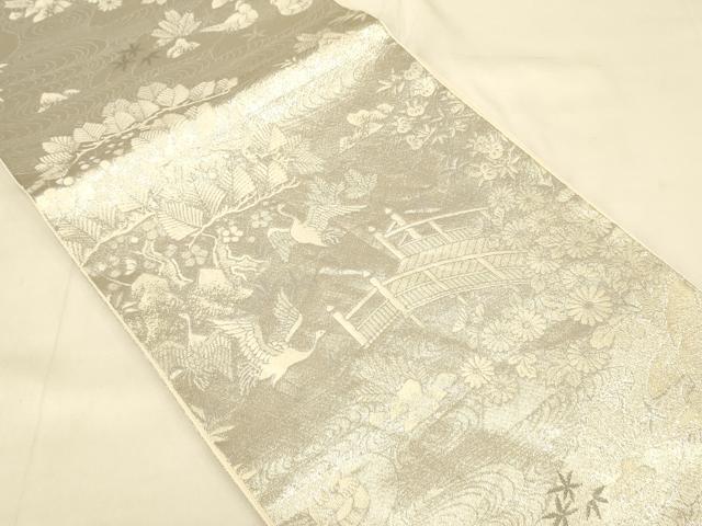 平和屋着物◎六通柄袋帯　渡橋花鳥文　銀糸　正絹　逸品　AAAZ8019cs