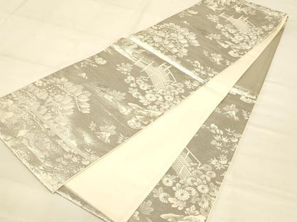 平和屋着物◎六通柄袋帯　渡橋花鳥文　銀糸　正絹　逸品　AAAZ8019cs