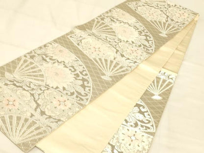 平和屋着物◎六通柄袋帯 唐織 扇面花文 プラチナ引箔 正絹 逸品 AAAZ8026cs