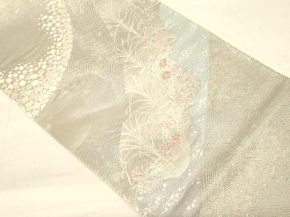 平和屋着物◎六通柄袋帯　流水花文　銀糸　正絹　逸品　AAAZ8044cs