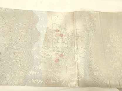 平和屋着物◎六通柄袋帯　流水花文　銀糸　正絹　逸品　AAAZ8044cs