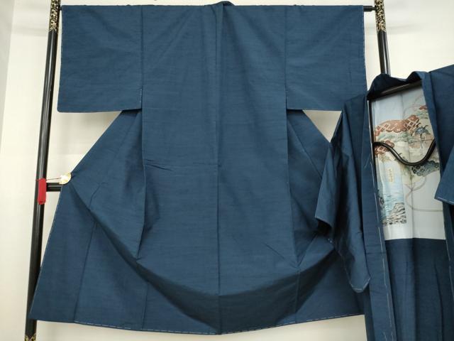 平和屋着物●男性 紬 アンサンブル 網代織 色無地 藍鉄色 正絹 逸品 未使用 AAAZ8087ck