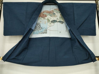 平和屋着物●男性 紬 アンサンブル 網代織 色無地 藍鉄色 正絹 逸品 未使用 AAAZ8087ck
