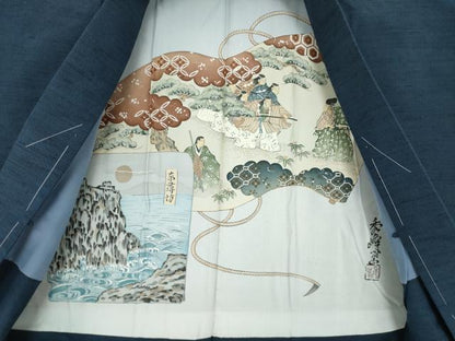 平和屋着物●男性 紬 アンサンブル 網代織 色無地 藍鉄色 正絹 逸品 未使用 AAAZ8087ck