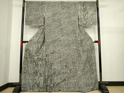 平和屋着物●訪問着　枝花文　黒地　金彩　正絹　逸品　AAAZ8108ck