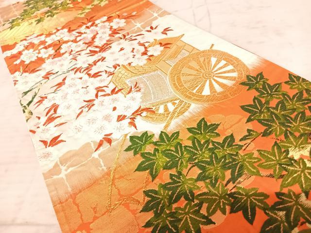 平和屋着物◎六通柄袋帯　唐織　渡橋御所車花文　金銀糸　正絹　逸品　AAAZ8177yx