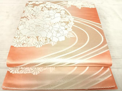 平和屋着物◎六通柄袋帯 流水花文 銀糸 正絹 逸品 AAAZ8181yx