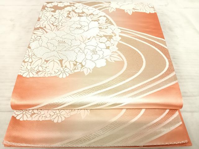 平和屋着物◎六通柄袋帯 流水花文 銀糸 正絹 逸品 AAAZ8181yx