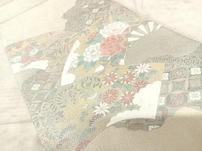 平和屋着物◎綴れ　太鼓柄袋帯　地紙花文　銀糸　正絹　逸品　AAAZ8205yx