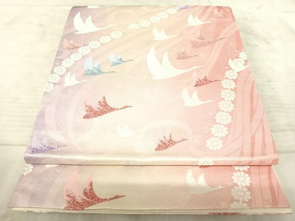平和屋着物◎六通柄袋帯 飛鶴花文 銀糸 正絹 逸品 AAAZ8208yx