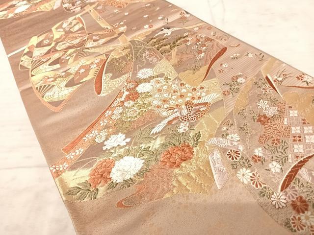 平和屋着物◎六通柄袋帯　唐織　御簾取花衣文　金糸　正絹　逸品　AAAZ8212yx