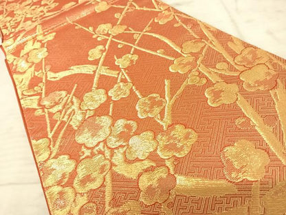 平和屋着物◎六通柄袋帯 枝梅文 金糸 正絹 逸品 AAAZ8221yx