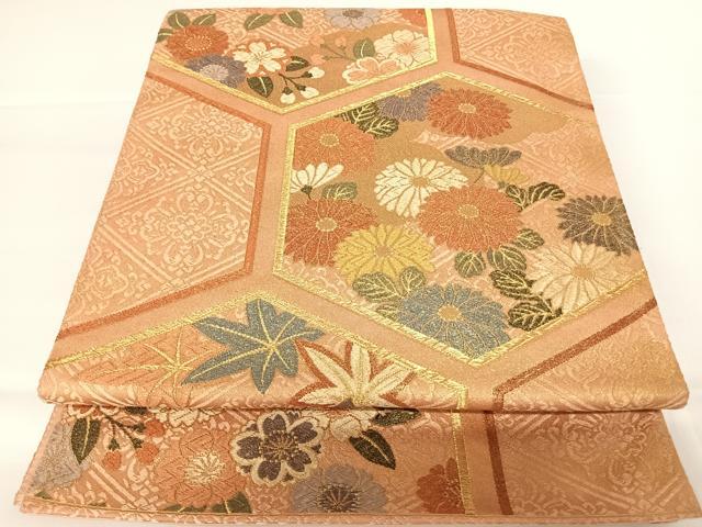 平和屋着物◎六通柄袋帯　亀甲花文　金糸　正絹　逸品　AAAZ8238yx