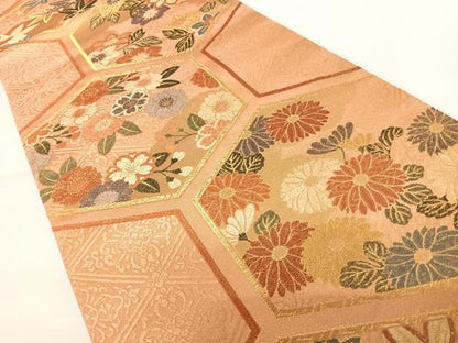 平和屋着物◎六通柄袋帯　亀甲花文　金糸　正絹　逸品　AAAZ8238yx
