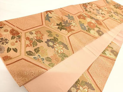 平和屋着物◎六通柄袋帯　亀甲花文　金糸　正絹　逸品　AAAZ8238yx