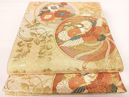 平和屋着物◎本佐賀錦　六通柄袋帯　花鳥丸文　金糸　正絹　逸品　AAAZ8247yx