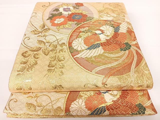 平和屋着物◎本佐賀錦　六通柄袋帯　花鳥丸文　金糸　正絹　逸品　AAAZ8247yx