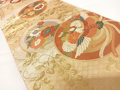 平和屋着物◎本佐賀錦　六通柄袋帯　花鳥丸文　金糸　正絹　逸品　AAAZ8247yx