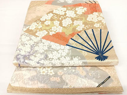 平和屋着物◎佐賀錦　六通柄袋帯　唐織　扇面花文　金糸　正絹　逸品　AAAZ8248yx