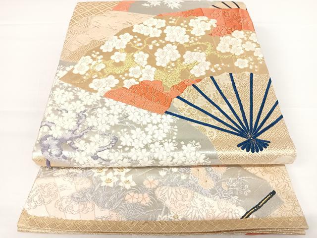 平和屋着物◎佐賀錦　六通柄袋帯　唐織　扇面花文　金糸　正絹　逸品　AAAZ8248yx