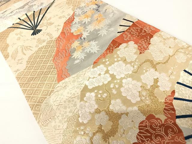 平和屋着物◎佐賀錦　六通柄袋帯　唐織　扇面花文　金糸　正絹　逸品　AAAZ8248yx
