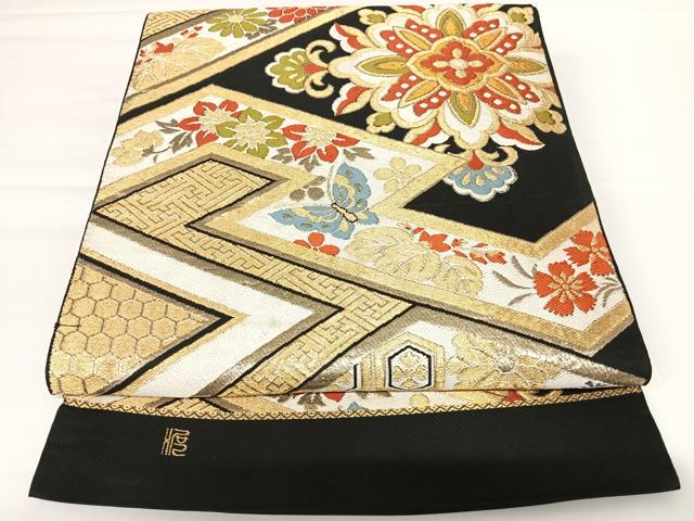 平和屋着物◎六通柄　本袋帯　唐織　正倉院花蝶文　黒地　金糸　正絹　逸品　AAAZ8251yx