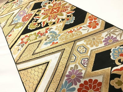 平和屋着物◎六通柄　本袋帯　唐織　正倉院花蝶文　黒地　金糸　正絹　逸品　AAAZ8251yx
