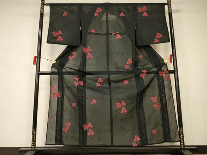 平和屋着物＊夏物 小紋 紗 舞花文 黒地 正絹 逸品 AAAZ8538jd