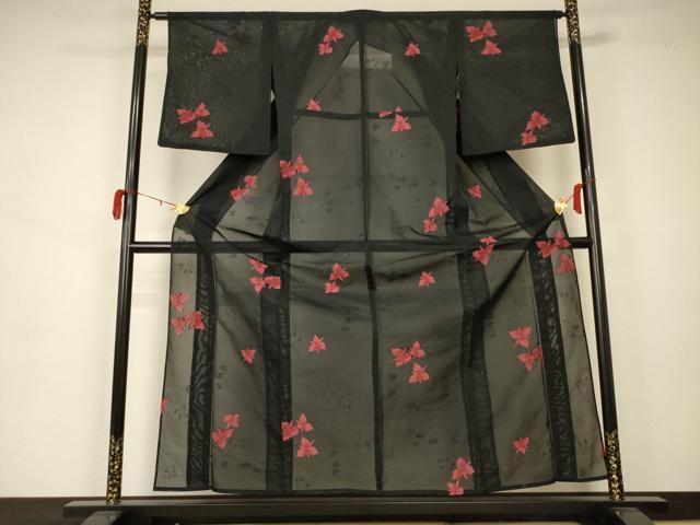 平和屋着物＊夏物 小紋 紗 舞花文 黒地 正絹 逸品 AAAZ8538jd