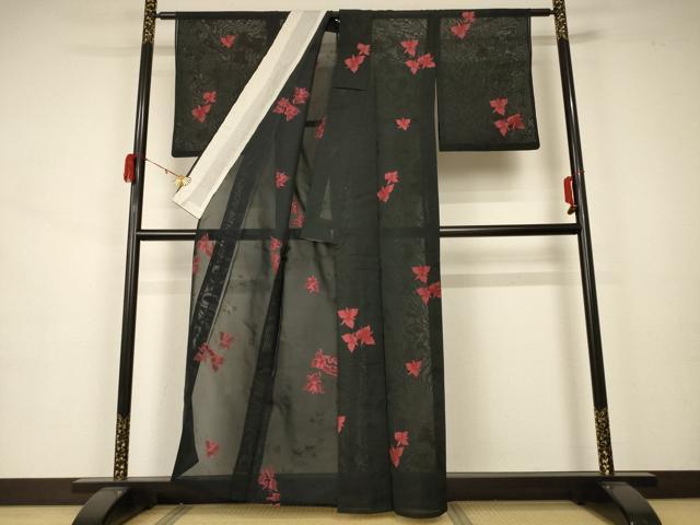 平和屋着物＊夏物 小紋 紗 舞花文 黒地 正絹 逸品 AAAZ8538jd