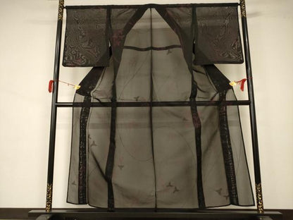 平和屋着物＊夏物 小紋 紗 枝葉文 黒地 正絹 逸品 未使用 AAAZ8544jd