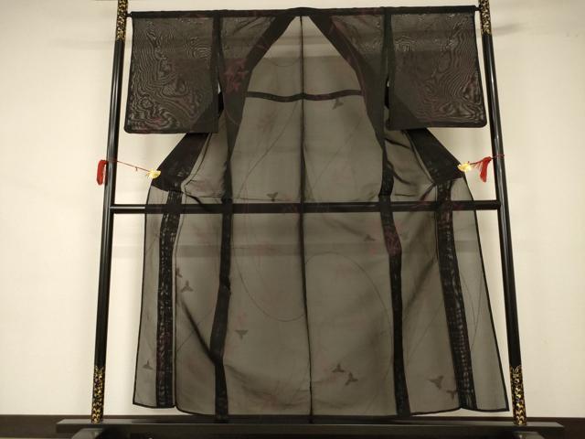 平和屋着物＊夏物 小紋 紗 枝葉文 黒地 正絹 逸品 未使用 AAAZ8544jd