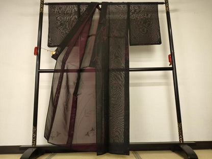 平和屋着物＊夏物 小紋 紗 枝葉文 黒地 正絹 逸品 未使用 AAAZ8544jd