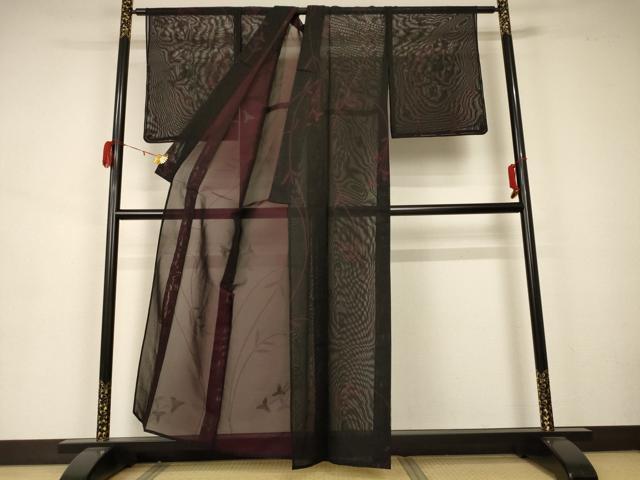 平和屋着物＊夏物 小紋 紗 枝葉文 黒地 正絹 逸品 未使用 AAAZ8544jd
