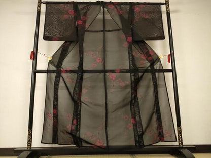 平和屋着物＊夏物 小紋 紗 草花文 黒地 正絹 逸品 未使用 AAAZ8545jd