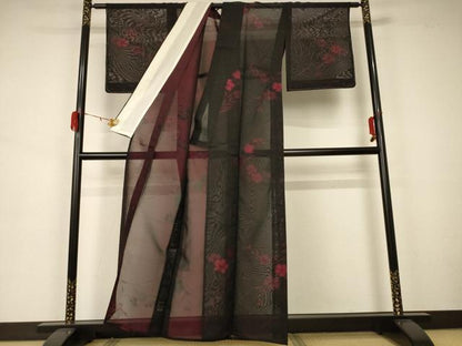 平和屋着物＊夏物 小紋 紗 草花文 黒地 正絹 逸品 未使用 AAAZ8545jd