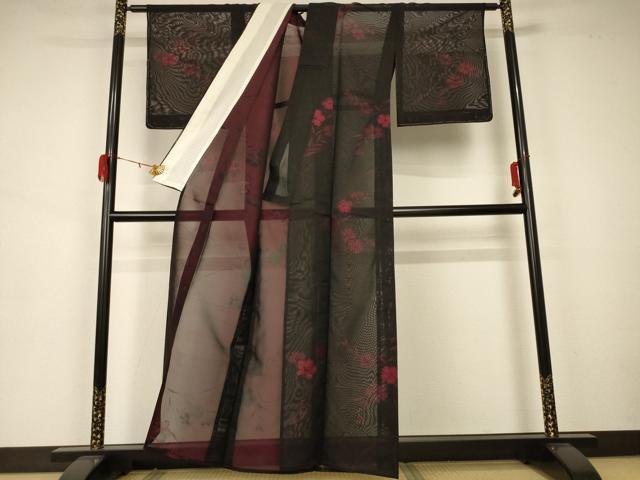 平和屋着物＊夏物 小紋 紗 草花文 黒地 正絹 逸品 未使用 AAAZ8545jd