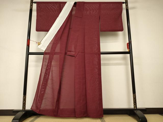 平和屋着物＊夏物 色無地 絽 雲取り紋紗 小豆色 洗える着物 AAAZ8572jd