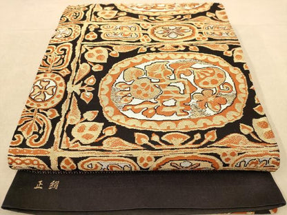 平和屋着物◎全通柄袋帯 幾何学花文 黒地 金糸 正絹 逸品 AAAZ8642dt