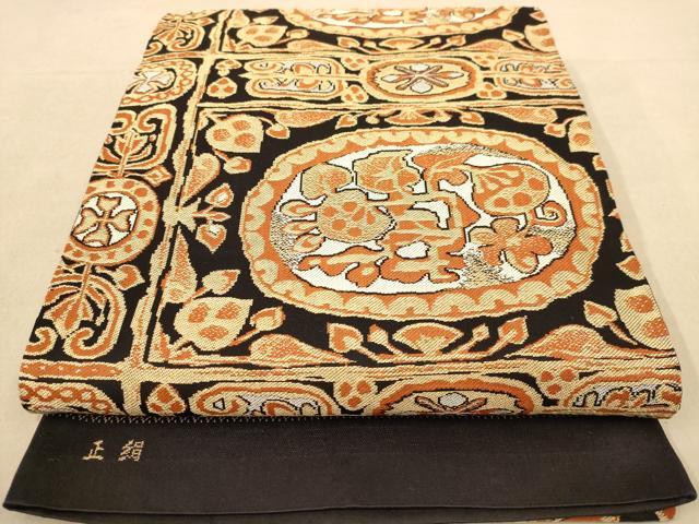 平和屋着物◎全通柄袋帯 幾何学花文 黒地 金糸 正絹 逸品 AAAZ8642dt