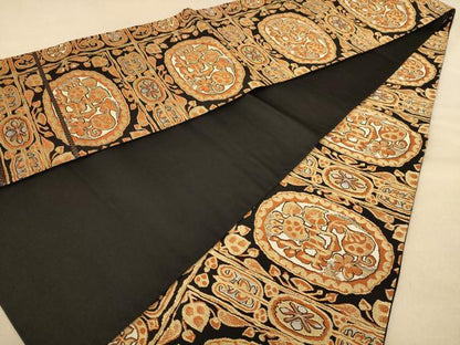 平和屋着物◎全通柄袋帯 幾何学花文 黒地 金糸 正絹 逸品 AAAZ8642dt